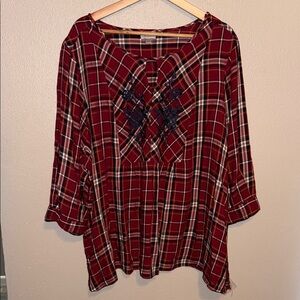 Avenue Women’s Plus Size Red Plaid Blouse with Embroidery